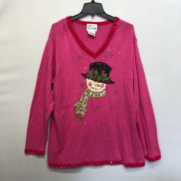 Quacker Factory Women Snowman Beads Embroidered Knit Sweater Size 1X M102 -20 - Picture 1 of 14